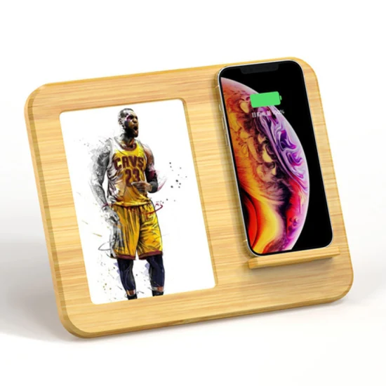 3 in 1 Bamboo Wood Photo Frame Phone Stand 15W Fast Charging Wireless Charger