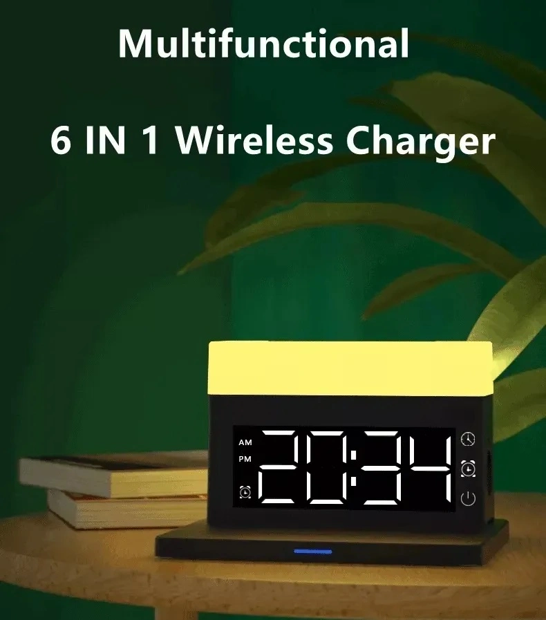 New Arrival Amazon Best Selling 6 in 1 Night Light Wireless Phone Charger with Alarm Clock for Apple iPhone