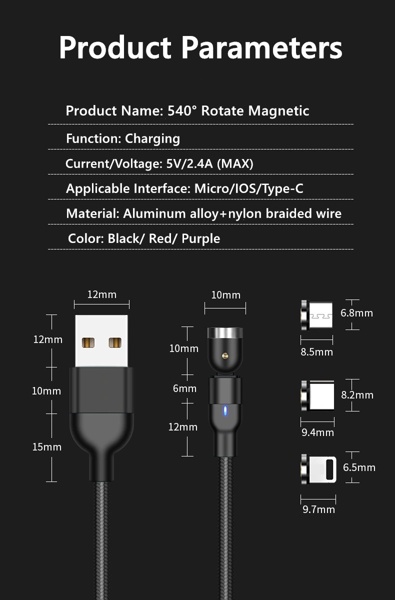 Fast Charger 0.5m 1m 2m 3m Magnetic Power Cables 3A 540 Rotate Micro Type C Lightning Adapter Quick Charging Data USB Cable for iPhone Android