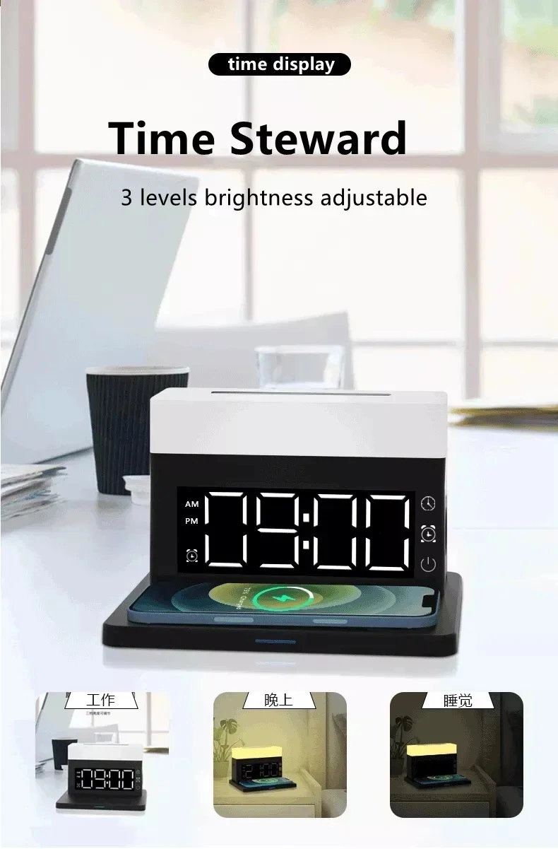 New Arrival Amazon Best Selling 6 in 1 Night Light Wireless Phone Charger with Alarm Clock for Apple iPhone