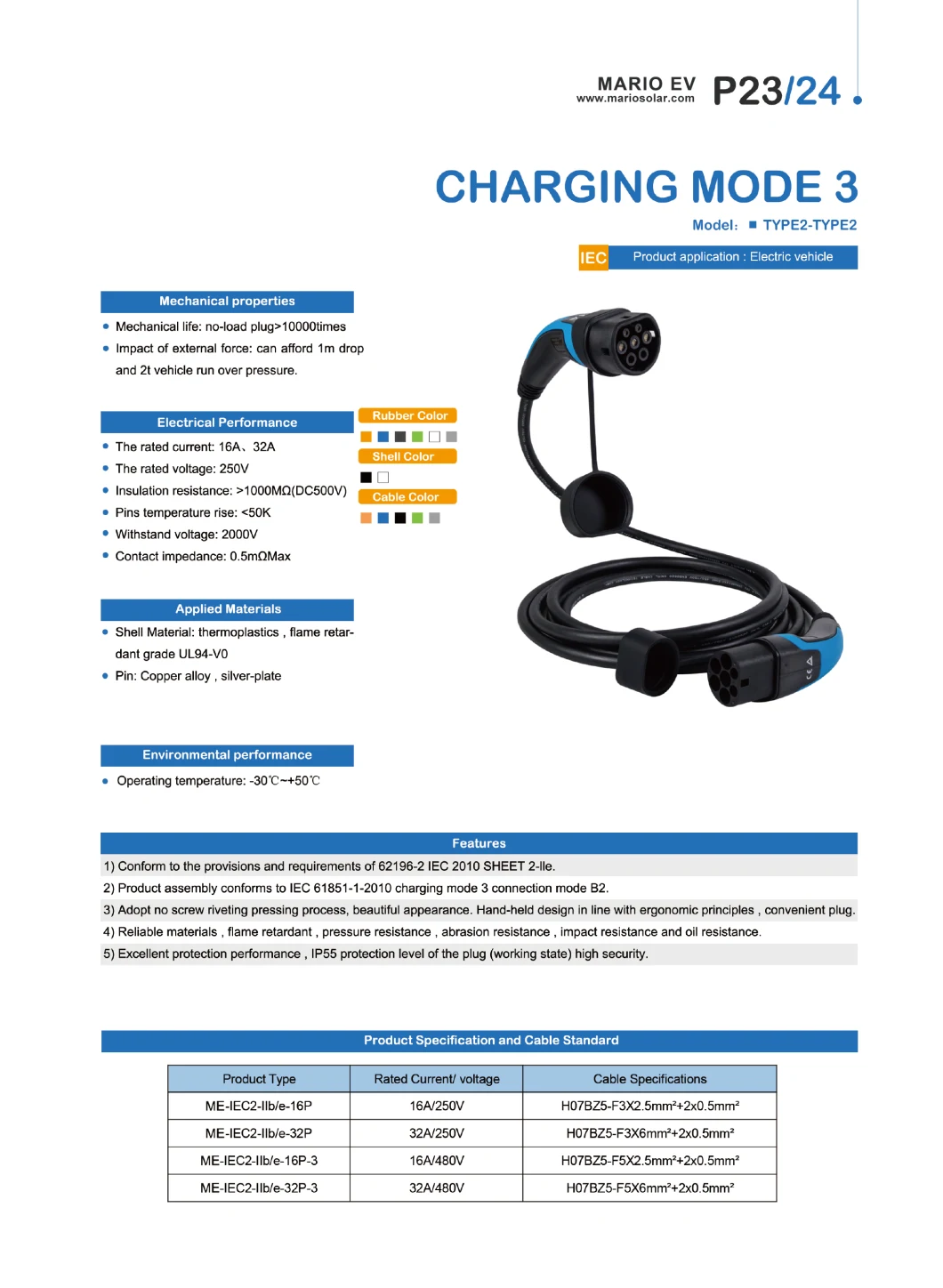 IEC62196 Standard Type2 to Type 2 EV Charging Plug Connectors EV Charging Adaptor Mode 3 EV Charging Cable